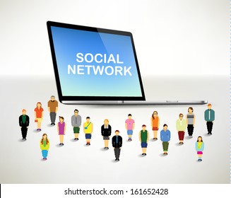 Conceptual social networking people with laptop vector design
