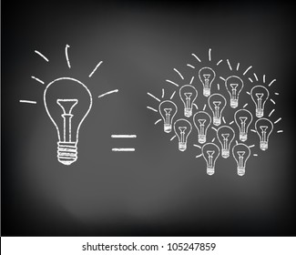 Conceptual sparking idea on black chalkboard with incandescent light bulbs. Vector illustration