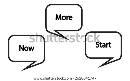 Conceptual Speech Bubbles with Motivation: 'Now', 'More', and 'Start' - Encouragement for Action and Progress in Black and White Graphic Design