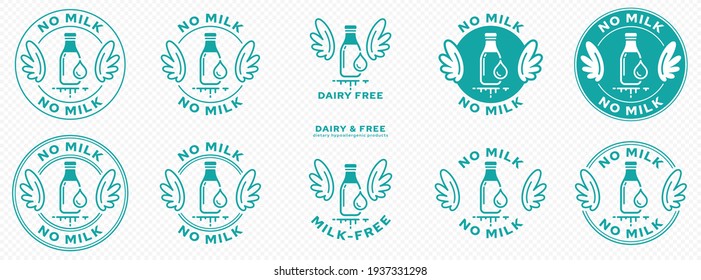 Conceptual stamps. Labeling - dairy free. The brand with the wings and the milk bottle and milk drop icon is a symbol of freedom from milk. Vector set	
