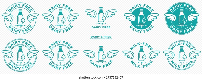 Conceptual Stamps. Labeling - Dairy Free. The Brand With The Wings And The Milk Bottle And Milk Drop Icon Is A Symbol Of Freedom From Milk. Vector Set