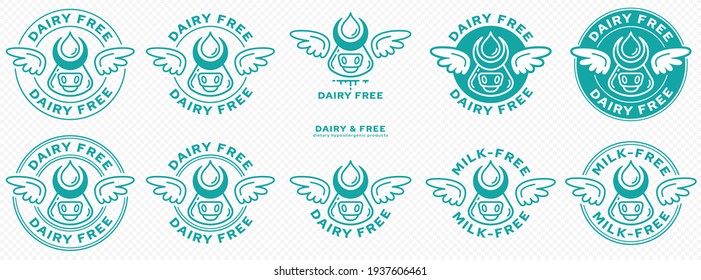 Conceptual stamps. Labeling - dairy free. The brand with the wings and cow head icon with horns and free milk drop is a symbol of freedom from milk. Vector set