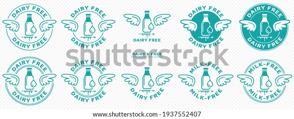 Conceptual stamps. Labeling - dairy free. The\
brand with the wings and the milk bottle and milk drop icon is a\
symbol of freedom from milk. Vector\
set