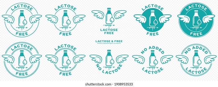 Conceptual stamps. Labeling - lactose free. The brand with the wings and the milk bottle and milk drop icon is a symbol of freedom from milk sugar - lactose. Vector set
