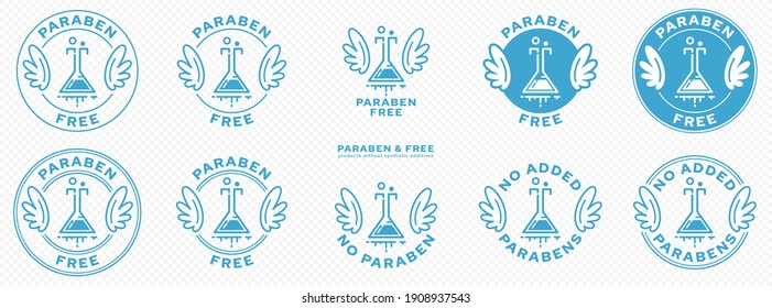 Conceptual stamps. Labeling - paraben free. The brand with the wings and the chemical ingredient flask badge is a symbol of freedom from artificial synthetic preservatives - parabens. Vector