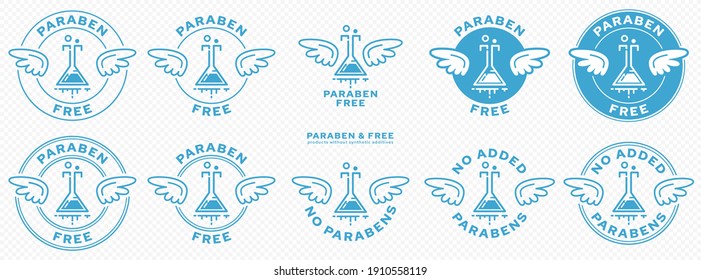 Conceptual stamps. Labeling - paraben free. The brand with the wings and the chemical ingredient flask badge is a symbol of freedom from artificial synthetic preservatives - parabens. Vector	