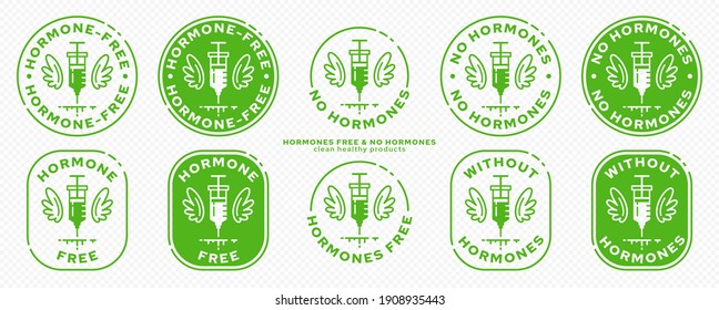 Conceptual stamps for product packaging. Labeling - Hormone Free. A syringe with wings - a symbol of hormone-free. Vector grouped elements.