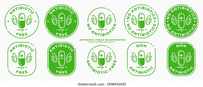 Conceptual stamps for product packaging. Labeling - no antibiotics. A  capsule with wings - a symbol of drug-free. Vector grouped elements.