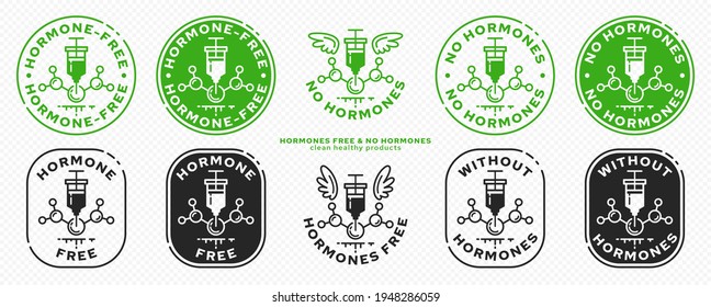 Conceptual stamps for product packaging. Labeling - Hormone Free. A syringe with a hormonal drug and a molecule - as a symbol of the injection and growth of the molecule.. Vector grouped elements.