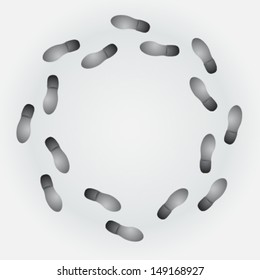 Conceptual step by step footprint with cycle trail on gray background. EPS10 vector.