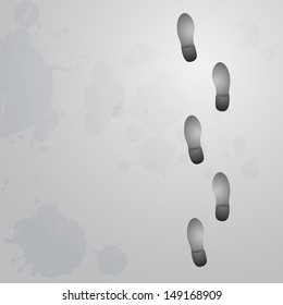 Conceptual step by step footprint on gray background with ink splash. EPS10 vector.