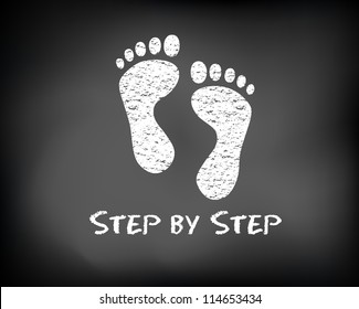 Conceptual step by step slide foot on black chalkboard and white chalk. Footprint presentation template. Vector Illustration.