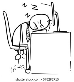 Conceptual stick man cartoon of exhausted tired businessman sleeping on the computer keyboard in job. Business concept of overwork.