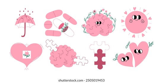 Conceptual stickers about mental health. Icons about psychological health,  the treatment of consciousness and soul set. Medical elements with cartoon brain, heart, sun. Vector illustration. 