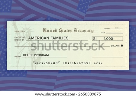 Conceptual Stimulus Check on US Flag Background. Economic Relief Program and Support Concept