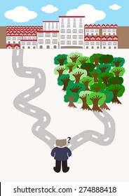 conceptual strategy concept cartoon vector illustration image showing man to choose between going green or building city