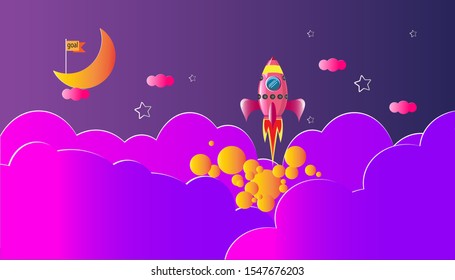 Conceptual study of business paths to goals. Paper rockets soar in the sky towards the summit. Paper art of space shuttle launch to the sky, vector art and illustration.