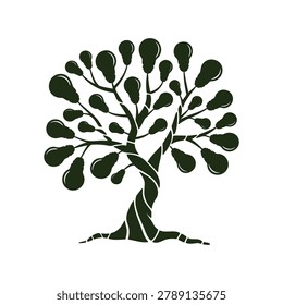 Conceptual stylized tree with many light bulbs as leaves and fruits symbolizing ideas and growth