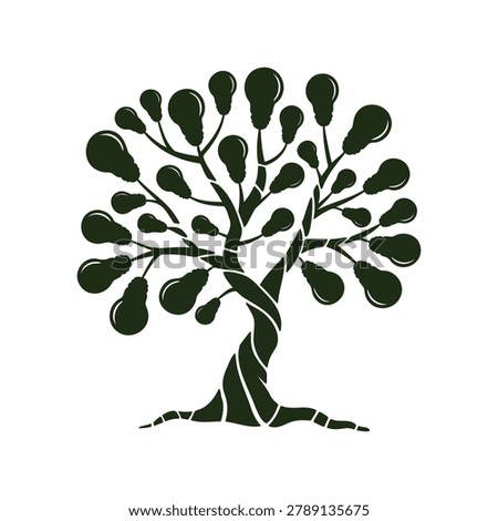 Conceptual stylized tree with many light bulbs as leaves and fruits symbolizing ideas and growth
