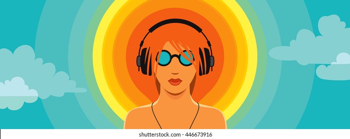 Conceptual summer music vector; man listening to the music in headphones, standing in front of the sun as a vinyl record against cloudy sky background.