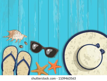 Conceptual summer vertical banner on blue wooden