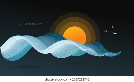 Conceptual sunrise Scenery with dynamic wave. Abstract sunrise art wallpaper.