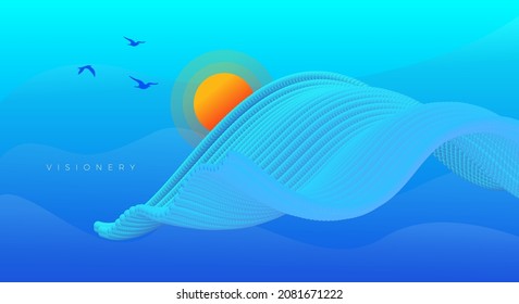 Conceptual sunrise Scenery with dynamic wave. Abstract sunrise art wallpaper.