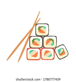 Conceptual sushi rolls with chopsticks on a white background. Japanese food concept. Rice and fish dish, nori, caviar, salmon.