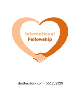 Conceptual symbol of Interracial Friendship or International Fellowship in the form of heart, twisted to a handshake: the white man's hand shakes the hand of color man. Warm colors. White background.