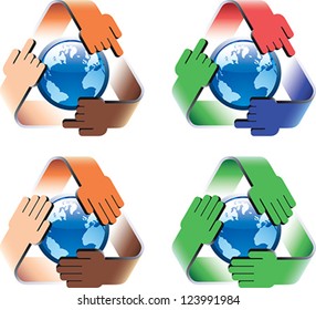 Símbolo conceptual de salvar al mundo de manera multiracial. Ilustración vectorial basada en el símbolo internacional de reciclado.
