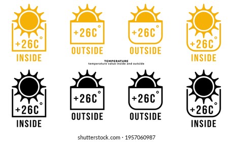 Conceptual symbols - temperature value inside and outside. Inside and outside sun icon with temperature value. Vector elements.