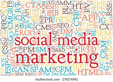 Conceptual tag cloud containing abbreviations related to social media, marketing, blogs, social networks and Internet. Words "social media marketing" emphasized.