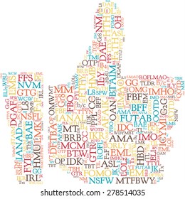 Conceptual tag cloud containing abbreviations related to social media, marketing, blogs, social networks and Internet in shape of a fist.