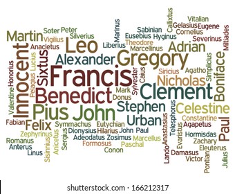 Conceptual tag cloud containing names of Roman Catholic popes throughout history, with name of current Pope Francis emphasized 