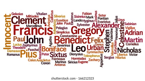 Conceptual tag cloud containing names of Roman Catholic popes throughout history, with name of current Pope Francis emphasized 