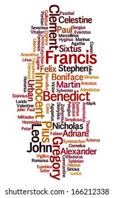 Conceptual tag cloud containing names of Roman Catholic popes throughout history, with name of current Pope Francis emphasized 