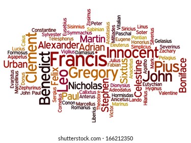 Conceptual tag cloud containing names of Roman Catholic popes throughout history, with name of current Pope Francis emphasized 