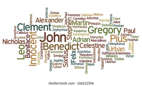 Conceptual tag cloud containing names of Roman Catholic popes throughout history, with size of the papal name respective to the number of popes holding it throughout history