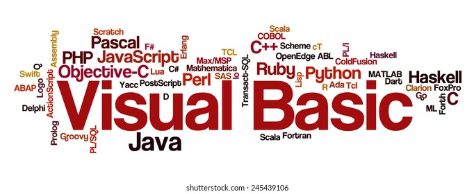 Conceptual tag cloud containing names of programming languages, Visual Basic emphasized, related to web and software development and engineering, programing, coding, computing, software applications.