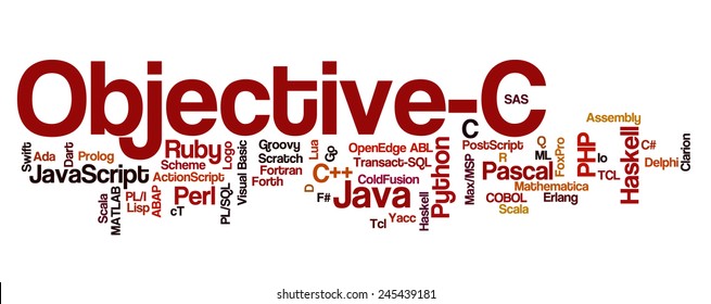 Conceptual tag cloud containing names of programming languages, Objective-C emphasized, related to web and software development and engineering, programing, coding, computing, software applications.