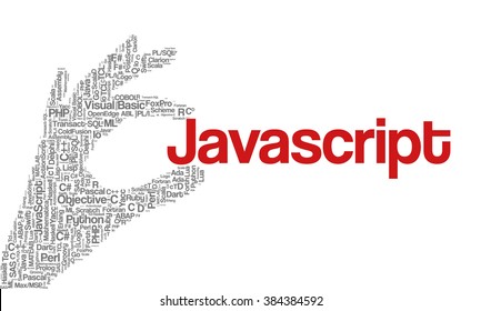 Conceptual tag cloud containing names of programming languages, JavaScript emphasized, related to web and software development and engineering, programing, coding, computing and software applications.