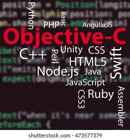 Conceptual tag cloud containing names of programming languages on the blurred dark background, Objective-C emphasized, related to web development, programing, coding, software applications.