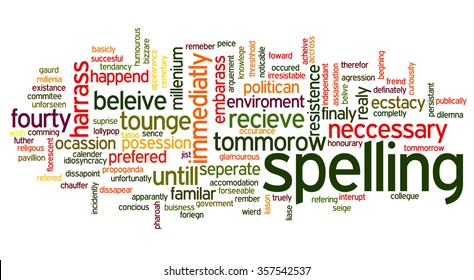 Conceptual tag cloud containing purposely misspelled words (100 most often misspelled English words); collage related to spell checking, typos, errors in written text and correction software