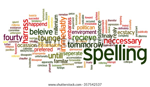 Conceptual tag cloud containing purposely\
misspelled words (100 most often misspelled English words); collage\
related to spell checking, typos, errors in written text and\
correction software