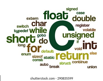 Conceptual tag cloud containing reserved words from programming language C. Cloud related to web and software development and engineering, programing, coding, computing and software applications.