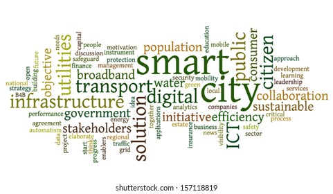 Conceptual tag cloud containing words related to smart city, digital city, infrastructure, ICT, efficiency, energy, sustainability, development and other ICT related terms
