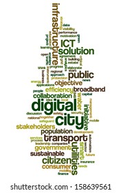 Conceptual tag cloud containing words related to digital city, smart city, infrastructure, ICT, efficiency, energy, sustainability, development and other ICT related terms 