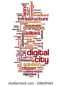 Conceptual tag cloud containing words related to digital city, smart city, infrastructure, ICT, efficiency, energy, sustainability, development and other ICT related terms 