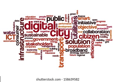 Conceptual tag cloud containing words related to digital city, smart city, infrastructure, ICT, efficiency, energy, sustainability, development and other ICT related terms 