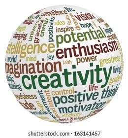 Conceptual tag cloud containing words related to creativity, positive thinking, confidence, enthusiasm, imagination, inspiration, potential, optimism... 